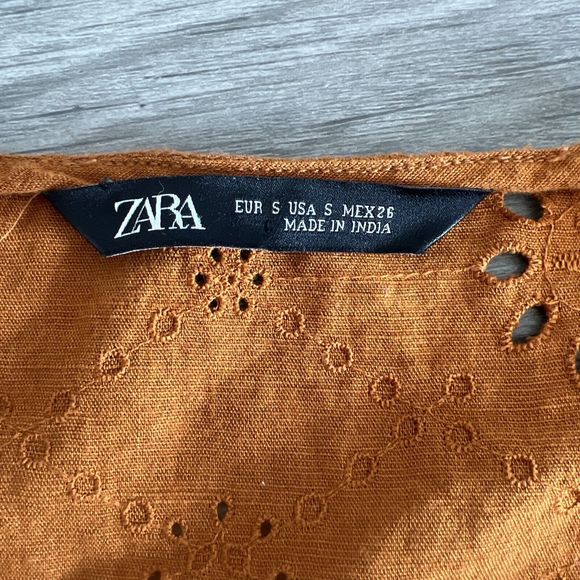 Zara Eyelet Puff Sleeve Wrap Blouse Cinnamon Rust Size Small - Picture 4 of 5
